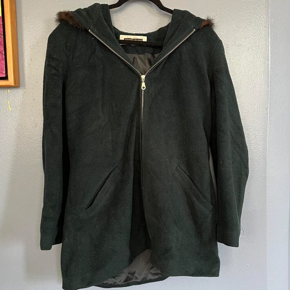 🌲 Kristen Blake Studio Collection Womens Long Wool Fur Collar Coat DARK GREEN